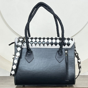 Bolso de mano con flecos de tablero de ajedrez en blanco y negro, bolso de hombro con asa trenzada de cuero, bolso de mano de estilo occidental para mujer - Product Image 5