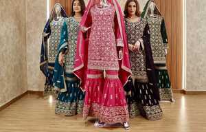 Elegante Blooming Georgette Gharara Bordado delantero y trasero, Zarkan Stones, Heavy Dupatta con borde al por mayor Juego de 4 - Product Image 3