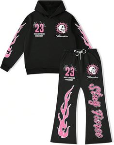 Conjunto Deportivo de 2 Piezas para Hombre, Sudadera con Capucha y Estampado Gráfico Y2K de Manga Larga y Pantalones Deportivos Acampanados - Product Image 3