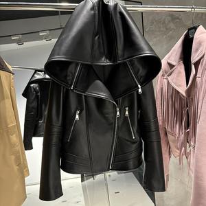 Veste en cuir noir de printemps, style motard, coupe slim, en cuir de mouton véritable avec capuche - Product Image 1