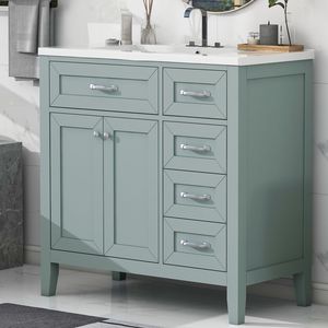 Mobile Bagno da 36 Pollici con Struttura Solida in MDF e Lavabo Integrato, Colore Verde, con Cassetti e Armadietti (Vecchio SKU JL000007AAG) - Product Image 2