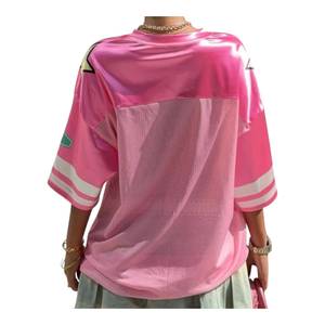 Pink Breathable Polyester Mesh Jersey <b>T</b>-<b>Shirt</b> <b>Women</b> <b>V</b>-<b>Neck</b> Oversized Loose Short Sleeve Solid Summer Streetwear - Product Image 5