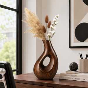 Modern Wooden Tabletop <b>Vase</b> with <b>Unique</b> Hole Design Entryway Teak Handmade Decorative <b>Vase</b> for Home Garden Dried Flowers Decor - Product Image 2