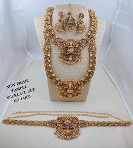 Conjunto de Joyería Tradicional para Novia, Chapado en Oro, Collar Largo Lakshmi, Pendientes, Cadena para la Cintura y Mang <span class=keywords><strong>Tika</strong></span>, Venta al Por Mayor - Product Image 4