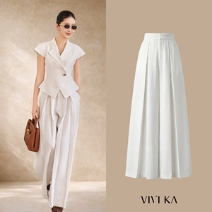 Pantalon tailleur plissé blanc taille haute à jambe large pour femme, fermeture éclair et crochet sur le devant, longueur complète, décontracté, pour le bureau, NERINA - Product Image 1