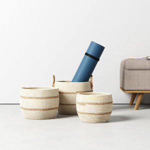 Lot de 3 paniers ronds en maïs beige et marron avec poignée en cuir, rangement tissé, décoration d'intérieur - Product Image 2