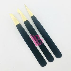 Pinzas Profesionales para Cejas, Pinzas para Cejas de Visón Negro, Juego de Pinzas Rectas y Oblicuas de Acero Inoxidable con Punta Dorada y Logotipo - Product Image 2