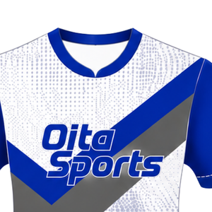Maillot de rugby bleu roi, blanc et gris à manches courtes, col rond, motif graphique, performance athlétique, vêtements de sport d'équipe, entraînement, match de rugby - Product Image 3