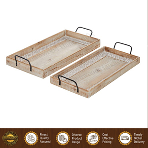 Good Quality Restaurant & Hotel Supplies Hand Carved Mango Wood Serving <b>Tray</b> <b>with</b> Metal <b>Handles</b> Set of 2 from Indian Exporter - Product Image 5