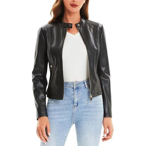 Veste moto en cuir PU noir pour femme, manches longues, fermeture éclair, col montant, coupe courte, style automne - Product Image 1