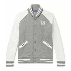 <b>Men's</b> Gray Varsity <b>Jacket</b> With <b>White</b> Sleeves And Front Logo Casual Autumn Wear Regular Fit Knitted Polyester Cotton Blend - Product Image 5