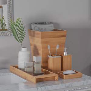 Ensemble de luxe écologique tendance de 5 pièces : plateau en bois naturel, distributeur de lotion, porte-savon, porte-brosse à dents - Product Image 2