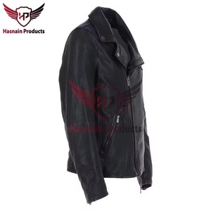 Chaqueta de cuero genuino negra para hombre, estilo motero asimétrico, de piel de vaca, con solapa, efecto desgastado, estilo Cafe Racer, personalizada, cálida para invierno - Product Image 2