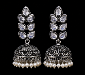 White Brass Zircon Oxidized Jhumka Drop <b>Earrings</b> Antique <b>Silver</b> Pearl Boho Wedding Jewelry Bulk Supplier - Product Image 5