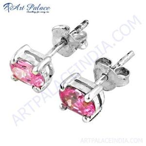 <b>Pretty</b> Pink Cubic Zirconia Gemstone Silver Stud <b>Earrings</b> - Product Image 1