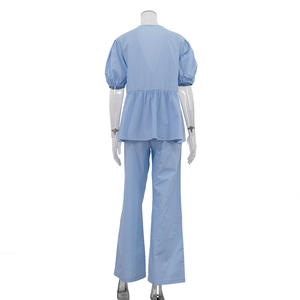 Blusa de Manga Corta con Botones Ocultos y Pantalones con Cintura Elástica, Conjunto de 2 Piezas de Ropa de Algodón para Mujer, Verano 2026 - Product Image 5