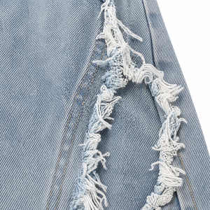 กางเกงยีนส์ขาสั้นผู้ชายสไตล์ Distressed สีอ่อน แต่งผ้าปะติด ขาดรุ่ย สตรีทแวร์ ทรงหลวม ซิปหน้า ผ้าฝ้ายทวิล - Product Image 6