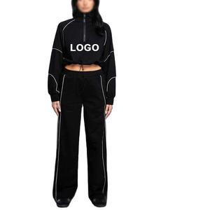 Women's <b>Black</b> Tracksuit Set Full Length Loose Fit Half-Zip Hooded Heat-Transfer Logo Streetwear Autumn Wear - Product Image 1
