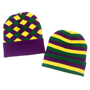 Bonnet unisexe pour le Mardi Gras, à carreaux et rayures, violet, vert, jaune, en acrylique, bonnet d'hiver pour fête, taille adulte 56-58CM - Product Image 1