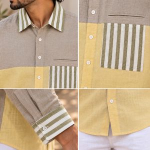 Camisa Casual de Lino 100% Puro para Hombre, con Bloques de Color, Manga Larga, Cuello Rayado, Bolsillo en el Pecho, para Vacaciones de Verano, Talla XL - Product Image 3