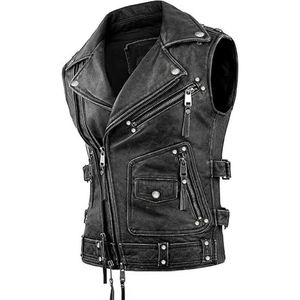 Chaleco de Cuero Genuino Marrón Vintage Personalizado para Hombre, Chaleco de Motociclista, Cremallera Asimétrica, Estilo Punk, Fabricante OEM - Product Image 1
