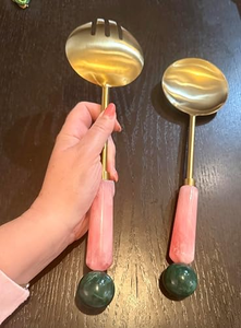 <b>Green</b> Resin Bead End Handle Finger <b>Food</b> Gold Plated Salad Sushi Serving Set Insulated <b>Food</b> Flatware Server Set - Product Image 3