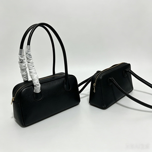 Black Genuine Leather <b>bowling</b> Bag With Zipper Closure Two Handles Ruched Detail Minimalist Women's Handbag Daily Use - Product Image 1