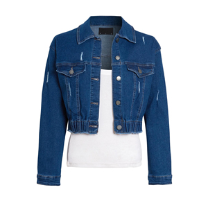 Women <b>Cropped</b> Blue <b>Denim</b> <b>Jacket</b> Elastic Hem Button Front Long Sleeve Casual Fashion Jean Outerwear - Product Image 1