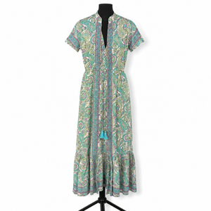 Premium Silk Maxi <b>Dress</b> Gown Free Size Ibiza Boho Mint Lavender Paisley Print with Flutter Sleeves for Women Beach Vacation Wear - Product Image 1