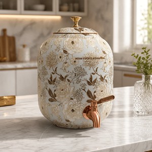 Dispensador de Agua de Cobre de Lujo Moderno, Doble Pared, Gran Capacidad, Diseño Floral, Tapa con Grifo - Personalizable, Exportaciones Indias Internacionales - Product Image 1