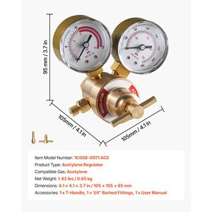 ตัวปรับแรงดันอะเซทิลีน 0-400 PSI เกจวัดแก๊สเชื่อมเหล็ก CGA 200 ช่องต่อเข้า 9/16"-18 LH ช่องต่อออก - Product Image 6