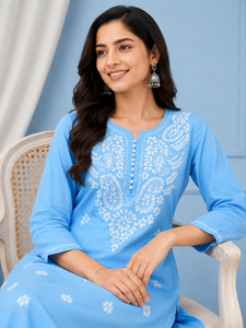Sky <b>Blue</b> Hand Embroidered Lucknowi Chikankari Straight Kurti - Elegant Cotton Ethnic <b>Tunic</b> Top for Women - Product Image 2