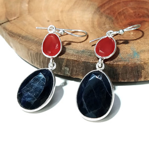Natural Blue Sapphire & Carnelian Gemstone <b>Earring</b>, <b>Solid</b> 925 Sterling <b>Silver</b> <b>Earrings</b>: Faceted Dangle <b>Earrings</b> - Product Image 4