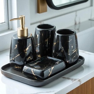 Luxury Ceramic Bathroom Set 4-Piece Green Marble Soap Dispenser <b>Toothbrush</b> <b>Holder</b> Tray Rectangle Easy To Clean - Product Image 5