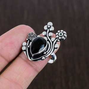 Faceted Onyx Flower Ring 925 Sterling Silver Boho Band Handmade Gemstone Jewelry Statement <b>Gift</b> - Product Image 5