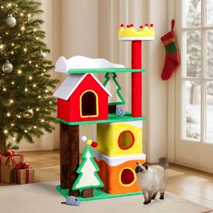 Albero per Gatti a Tema Natalizio da 56 Pollici, Torre per Gatti a Più Livelli con Cuccia a Corona, Rampa in Sisal e Tiragraffi, Grande Cuccia per Gatti in Cartone - Product Image 6