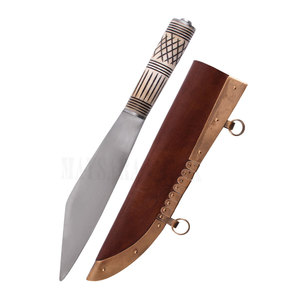 Cuchillo Tradicional Vikingo Scramasax de Hoja Fija, Hecho a Mano con Acero de Damasco y Empuñadura de Hueso, Cuchillo de Alta Calidad para Bushcraft - Product Image 1