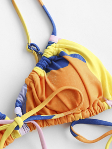 Conjunto de Bikini de Dos Piezas para Mujer con Bloques de Color, Cuello Halter, Top Triangular y Braguita con Lazos Laterales, de Secado Rápido, Spandex/Poliéster - Product Image 2