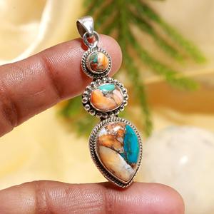 Natural Spiny Oyster Copper Turquoise 925 Sterling <b>Silver</b> Boho Orange Blue Gemstone Pear Shape Pendent Party Gift - Product Image 1