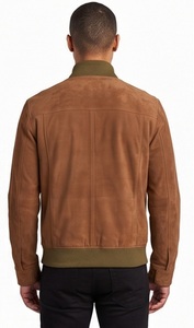 Wholesale <b>Men</b> <b>Suede</b> Bomber <b>Jacket</b> Olive Ribbed Collar Flight Coat Custom Slim Fit Yoke Trim Outerwear Factory - Product Image 5