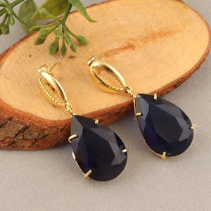 Minimalist Classic Women's Statement Jewelry 18k Gold Plated Brass Gemstone Lolite Blue Quartz Pear <b>Drop</b> Earring Claw Setting - Product Image 5