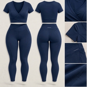 Womens Navy Blue <b>Wrap</b> Front Yoga Set Short Sleeve Crop Top High Waist Leggings Fitness Gym Workout Activewear Two Piece - Product Image 4