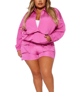 Conjunto Deportivo Ligero para Mujer, Chaqueta Cortavientos Rosa y Pantalones Cortos, Transpirable, de Secado Rápido, para Correr y Gimnasio - Product Image 1