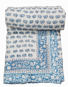 Lot en gros de couettes traditionnelles réversibles faites à la main en 100 % coton Silkgram avec imprimé éléphant bleu et motif estampé à la main - Product Image 5