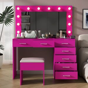 Large Lighted 12 LED <b>Mirror</b> <b>Makeup</b> Vanity Desk Set with 7 Drawers Glass Top Dressing Vanity Table with Power Outlet - Product Image 3