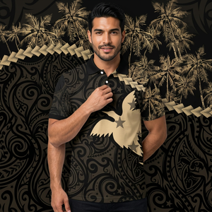 Polo pour homme noir et or à imprimé polynésien, manches courtes, décontracté, respirant, en polyester tissé, motif décoratif - Product Image 5