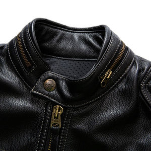 Black Genuine <b>Leather</b> Moto <b>Jacket</b> Stand Collar Zipper Closure Full Sleeve Windproof Casual Outerwear All Seasons - Product Image 5