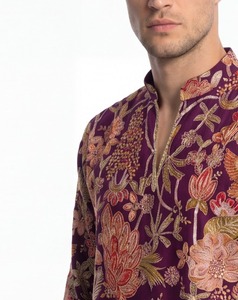 Luxury Purple Men’s Silk Kurta Tunic Hand Embroidered Floral Wedding Groom Wear Designer Short Ethnic Shirt Partywear Indian <b>Pak</b> - Product Image 5