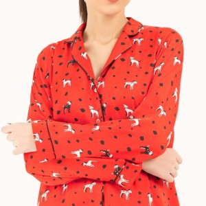 Ensemble de pyjama rouge pour femmes, grande taille, manches longues, col rond, longueur complète, classique, en popeline douce, vêtements de nuit, printemps - Product Image 3