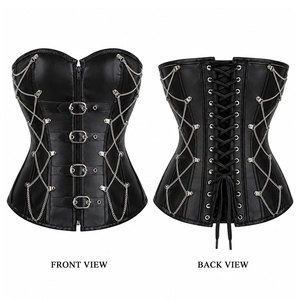 Black PU <b>Leather</b> <b>Corset</b> With Chain Detail Front Zip Back Lace-Up Women Shapewear Tummy Control Firm Fit <b>Corset</b> - Product Image 1